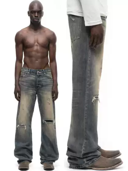 No Faith Studios Sun-Faded, Washed, Distressed, Hand-Cut, Ripped, Heavy-Duty Patchwork Straight-Leg Jeans for Men