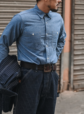 NON STOCK复古50s经典双贴袋青年布长袖衬衫Chambray工装牛仔衬衣