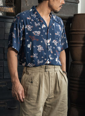 Non Stock 50s西部牛仔Bandana花型RAYON人棉古巴领ALOHA短袖衬衫