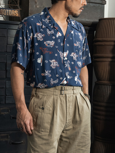 衬衫 50s西部牛仔Bandana花型RAYON人棉古巴领ALOHA短袖 Stock Non