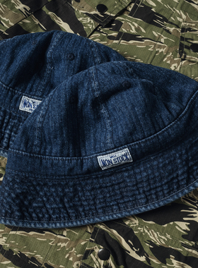 NON STOCK牛仔布鱼骨人字纹HBT洗水渔夫帽平帽檐蓝色圆顶钓鱼盆帽