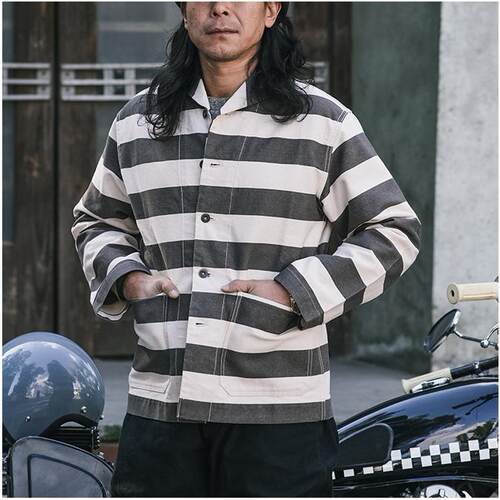 黑白囚犯宽条纹青果领夹克机车
