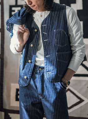 NON STOCK 复古1930s WABASH拔印波点三袋铁路工装马甲 咔叽背心