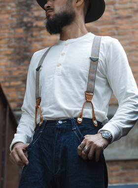 恶犬BRONSON 350g重磅美式复古长袖亨利领T恤男加厚纯色打底衫