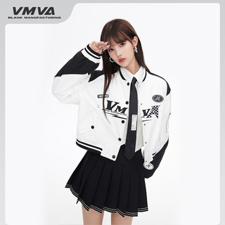 VMVA 潮牌黑白插肩棒球服机车服刺绣徽章短款辣妹百搭外套夹克ins