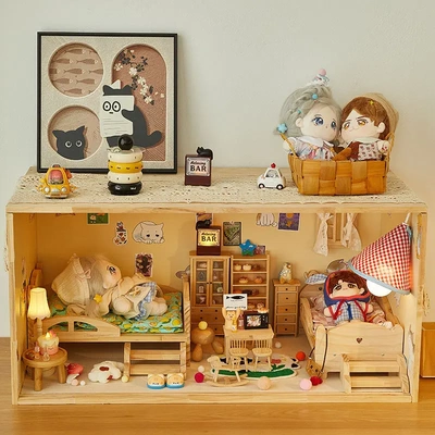 棉花娃娃娃屋展示柜手办diy造景盒实木房子Ob11过家家12分bjd娃床