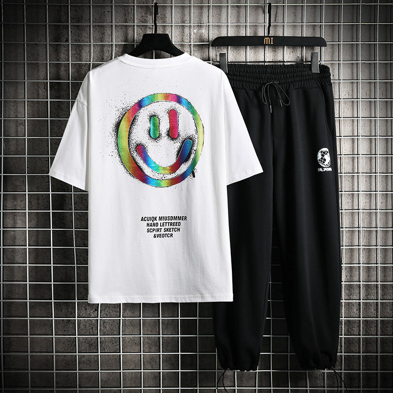 网格夏季新款宽松潮牌T恤九分裤运动休闲短袖T恤套装男TZ112-P78,男装T恤,电商A441