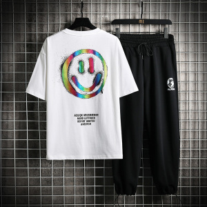 网格 夏季新款宽松潮牌T恤九分裤运动休闲短袖T恤套装男TZ112-P78图片