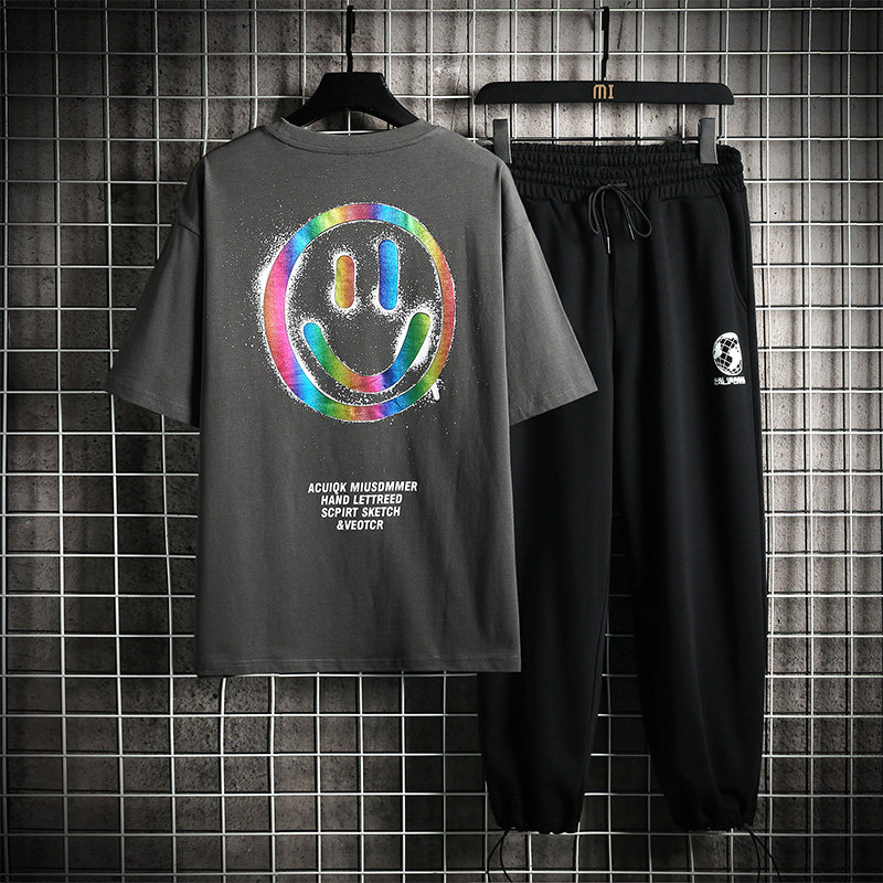网格夏季新款宽松潮牌T恤九分裤运动休闲短袖T恤套装男TZ112-P78,男装T恤,电商A441