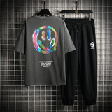 网格夏季新款宽松潮牌T恤九分裤运动休闲短袖T恤套装男TZ112-P78，男装T恤，电商A441
