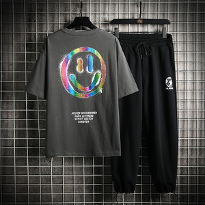 网格 夏季新款宽松潮牌T恤九分裤运动休闲短袖T恤套装男TZ112-P78图片