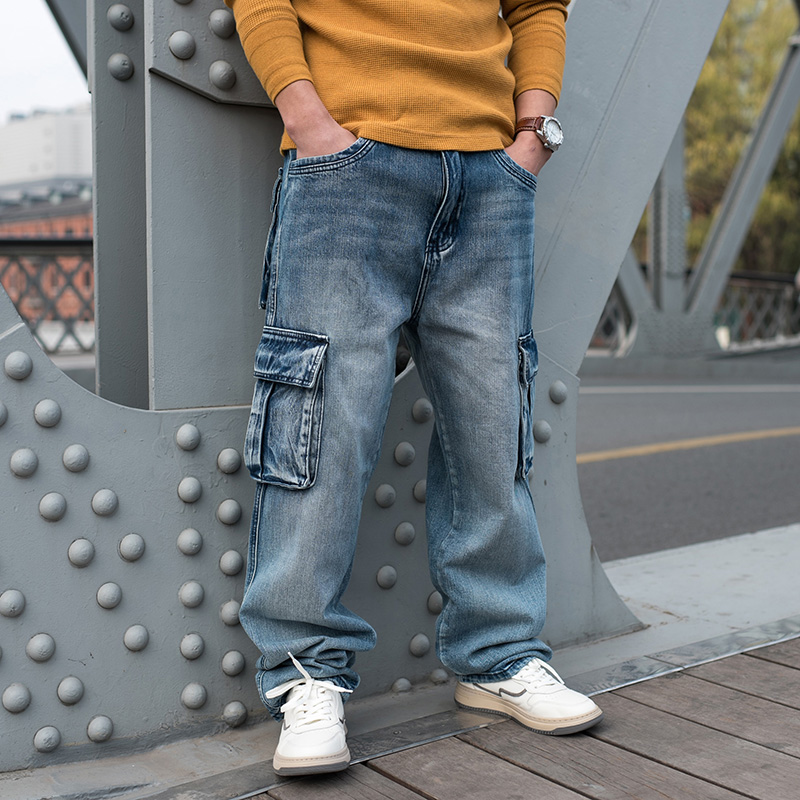 多袋嘻哈阔腿裤 胖子大码肥佬牛仔裤男 宽松滑板裤直筒牛仔长裤子