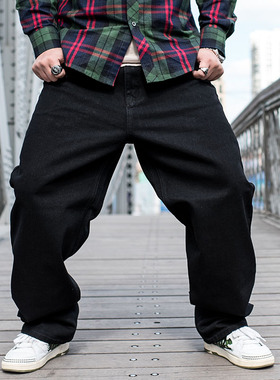 嘻哈宽松滑板裤胖子大码nzk纯黑色牛仔男长裤 加肥大号男式牛仔裤