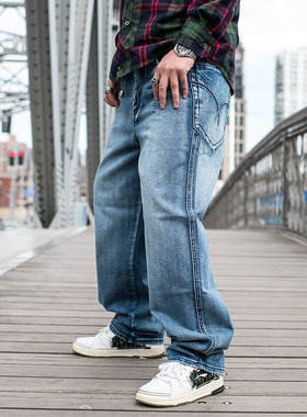 潮胖加肥大码男式牛仔裤 涂鸦嘻哈宽松滑板裤 肥佬大号nzk 萝卜裤