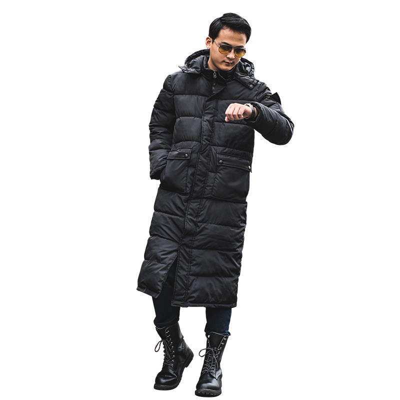 潮男大码过膝盖棉衣 冬天加长款加厚保暖棉服 脱卸连帽多口袋棉袄
