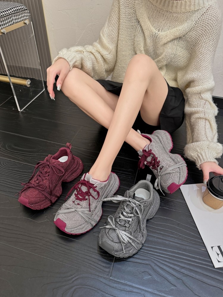 2026 Spring/Autumn New Dad Shoes for Women, Sparkling Full Rhinestone Thick-Soled Height-Increasing Casual Versatile Genuine Leather Sneakers Trendy