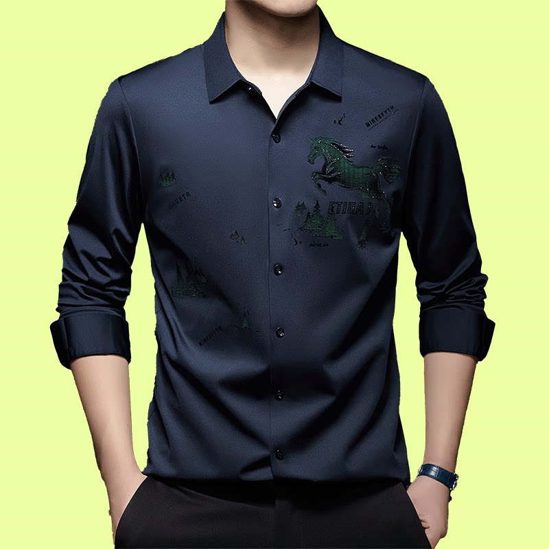 马年春季新款马表翻领衬衫长袖透气休闲百搭宽松舒适打底上衣男装