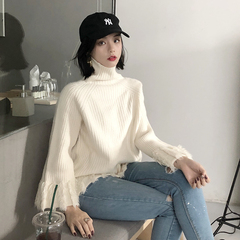 Real shot real price lazy retro style solid color high collar flared sleeve hem tassel sweater