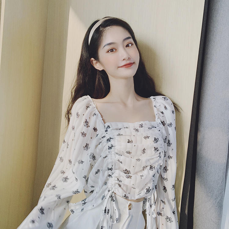 Real-price Vintage Square Collar Chiffon shirt with broken rope and flowers