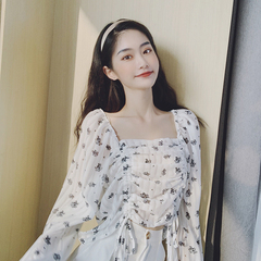 Real-price Vintage Square Collar Chiffon shirt with broken rope and flowers