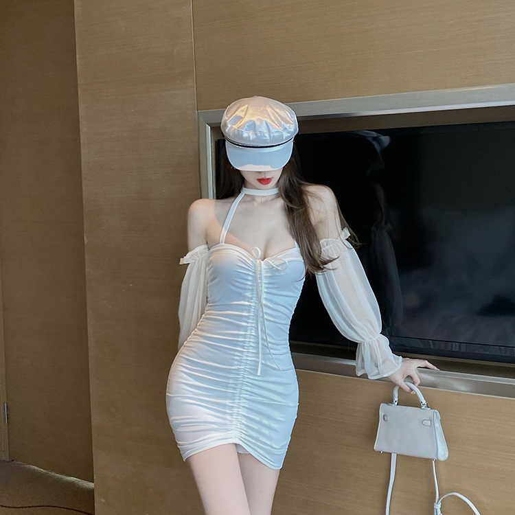 Real shot real price small dress sexy one shoulder hanging neck tight buttock short skirt white skirt