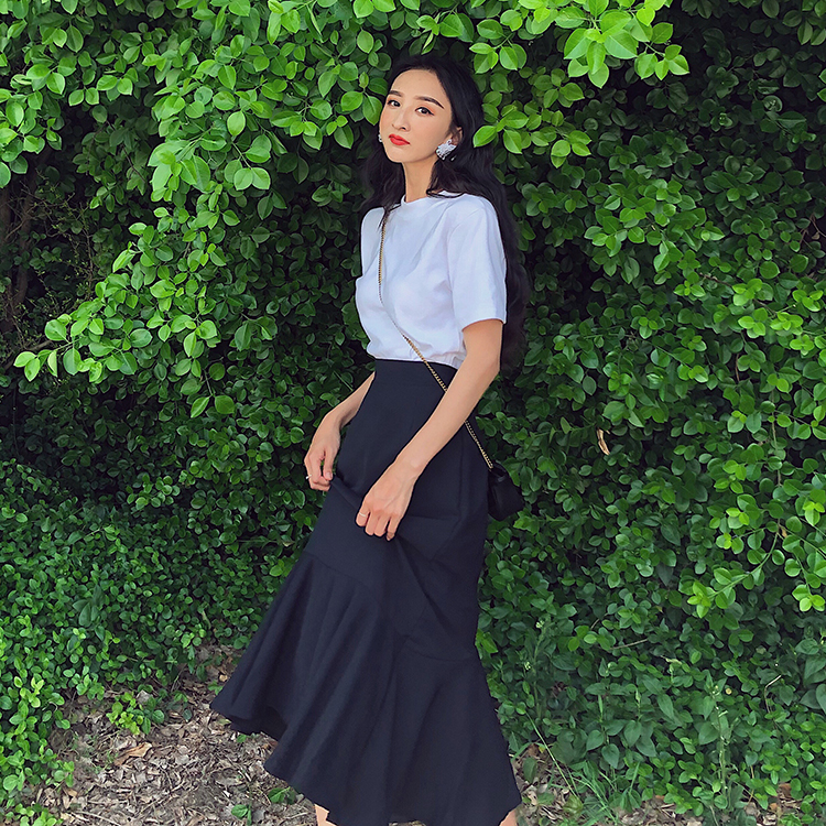 Real shot real price wind front short back long high waist elegant draping fish tail skirt middle skirt