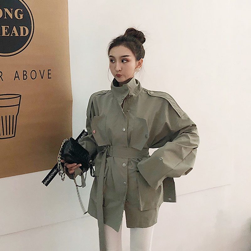 Real price work clothes stand collar silhouette large pocket belt windbreaker medium length coat