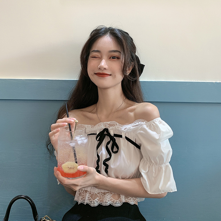 Real photo real price Court Style Lace splicing pull off one shoulder short sleeve top with tricolor ribbon
