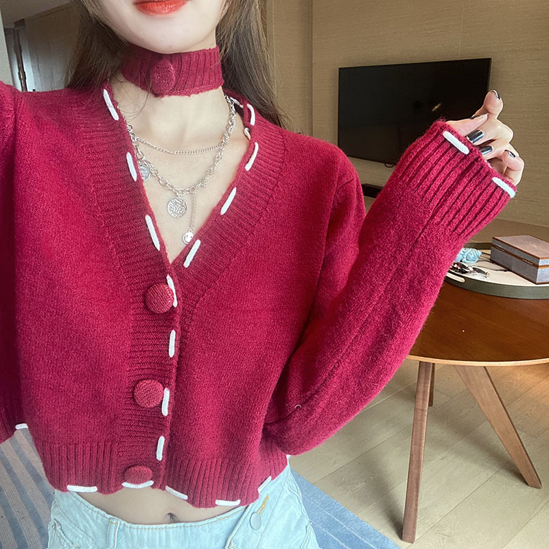 Real price loose and thin short design V-Neck Sweater Cardigan + two piece neck set