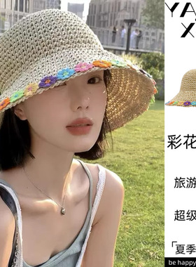 新款户外海滩遮阳草帽沙滩防晒太阳帽登山透气帽纯手工草编盆帽子