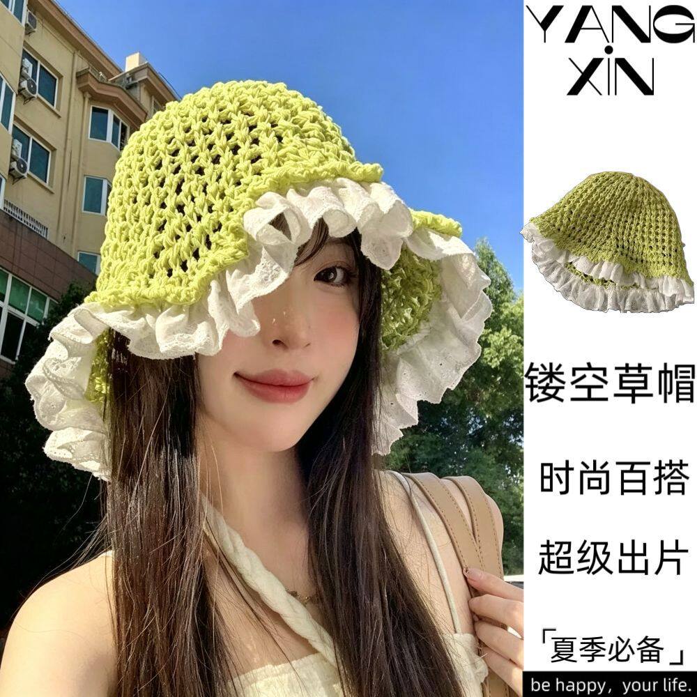 彩色小花盆帽草编太阳帽子女大帽檐夏季帽透气草帽遮全脸遮阳沙滩