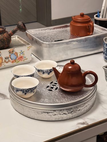 定制全手工锤纹圆茶盘铝壶承建水潮汕功夫茶具复古中国风创意diy