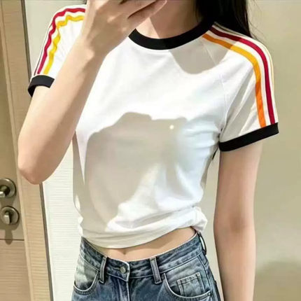 一折专区丨品牌折扣丨2026夏季短袖t恤女刺绣标三条杠条纹体恤衫