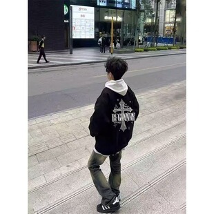 美式潮流十字架印花黑色夹克外套男春季新款百搭高级感情侣棒球服