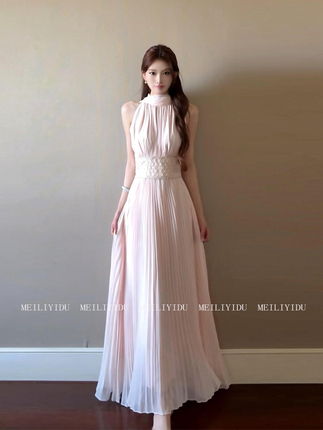 Mlyd/Customized Plus-Size Hand-Woven Rhinestone Ribbon Halter Dress Goddess-Style High-End Waist-Cinching Long Dress