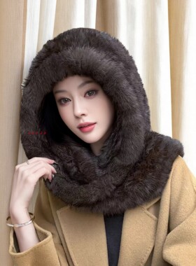 雪兔毛连帽围巾一体加厚保暖帽子