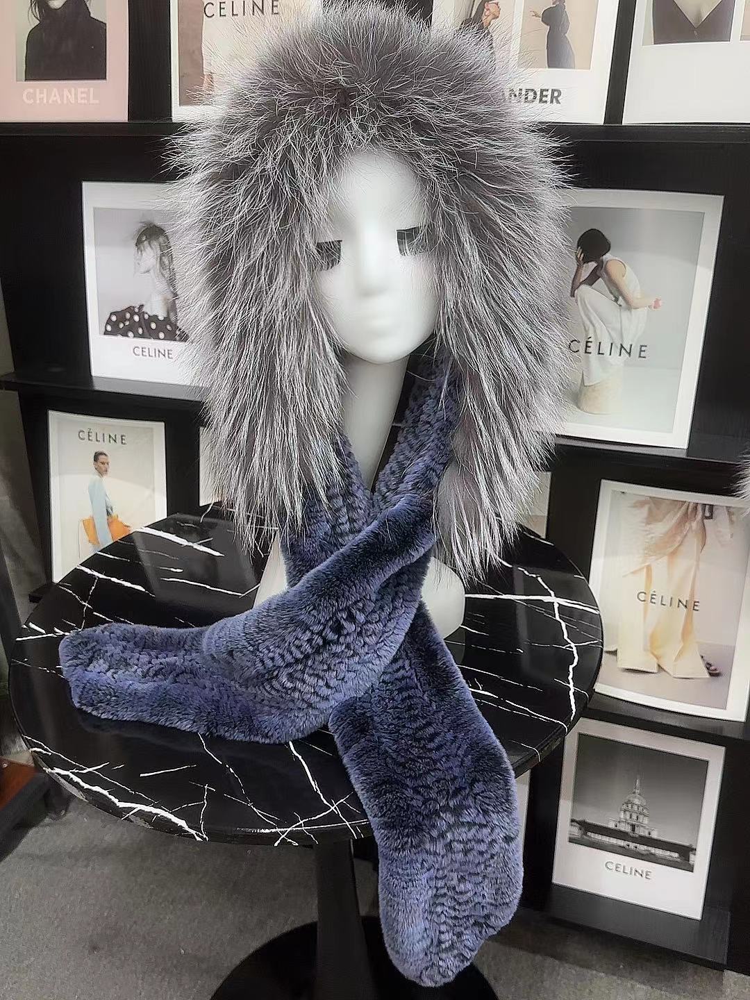 冬季新款獭兔毛狐狸毛围巾帽子一体风雪帽皮草保暖加厚女帽围脖