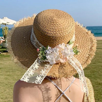 田园清新蕾丝花朵遮阳防晒草帽