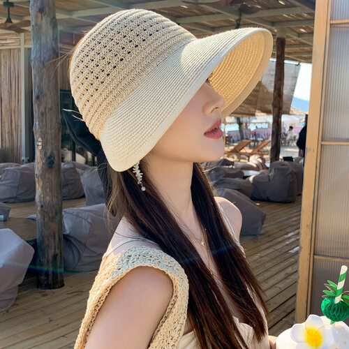 夏季镂空透气空顶大檐防晒草帽女