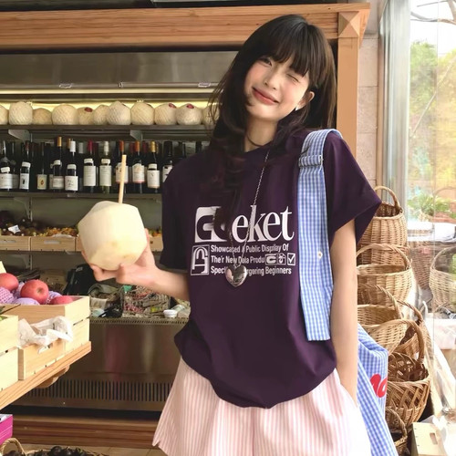 纯棉美式复古短袖T恤女圆领上衣