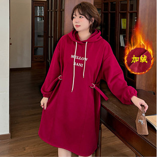 特大码宽松加绒连帽卫衣裙女冬季韩版300斤胖mm设计感加厚连衣裙