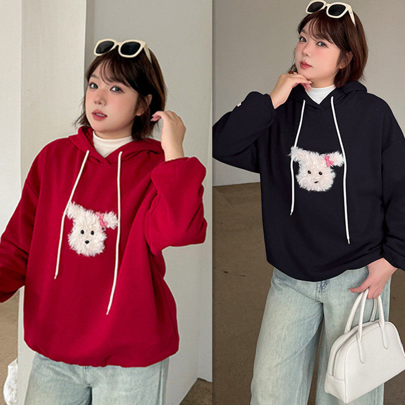 2025秋冬装减龄连帽红色卫衣女300斤特大码胖mm宽松显瘦休闲上衣