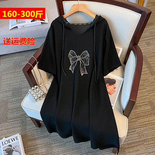 2024夏200斤宽松连帽休闲T恤裙女短袖特大码300斤时尚显瘦连衣裙