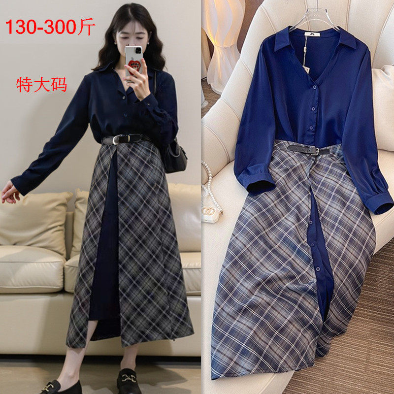 300斤春秋特大码女装200胖mm复古长袖衬衫连衣裙A字半身裙两件套