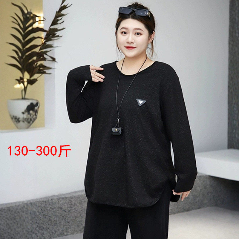 韩版慵懒风宽松遮肚子针织衫女300斤特大码胖MM弹力打底衫T恤上衣