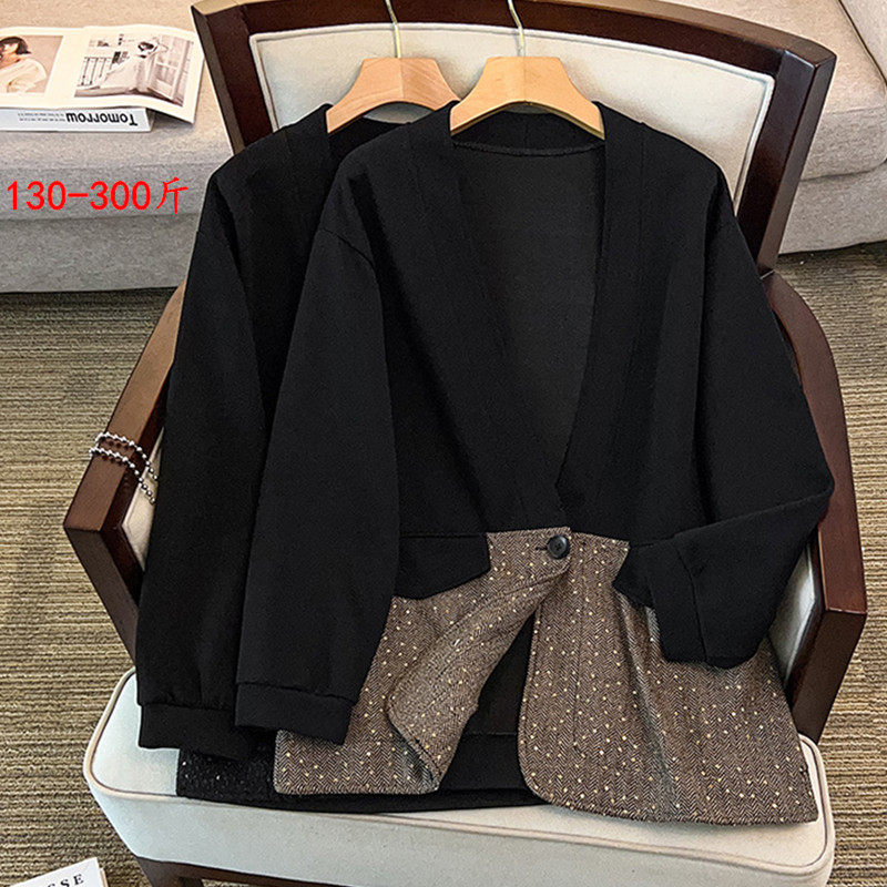 特大码春秋拼接西装休闲外套女300斤胖mm宽松藏肉洋气V领西服上衣