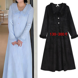 胖mm长袖连衣裙女春秋韩版300斤特大码宽松遮肚子过膝长款A字裙冬