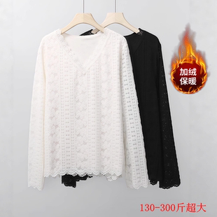 特大码女装300斤秋冬加绒v领蕾丝打底衫胖mm洋气显瘦长袖T恤上衣