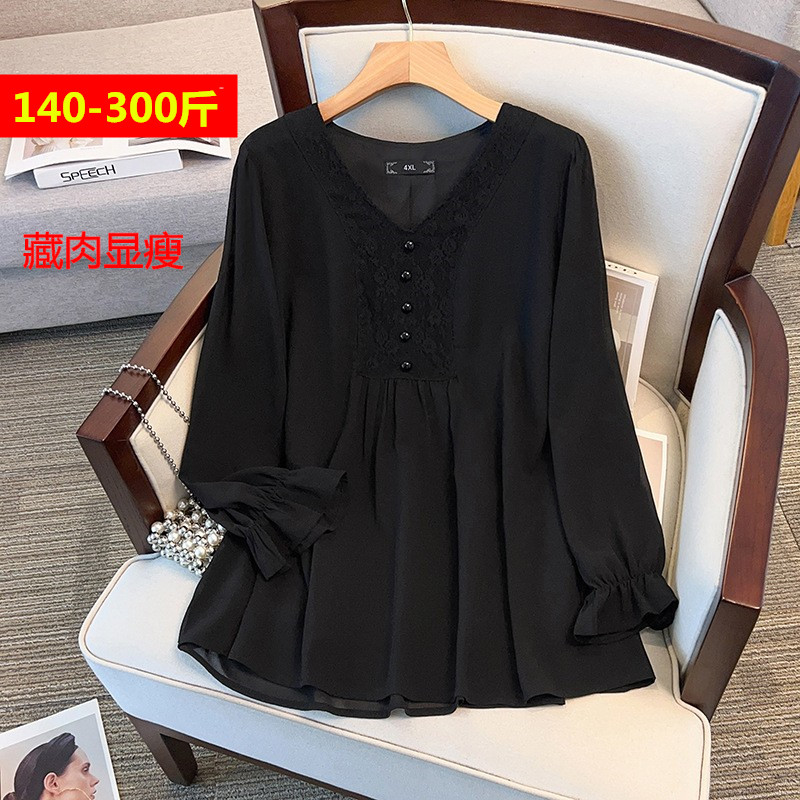 特大码长袖vl领雪纺衫填写女韩版