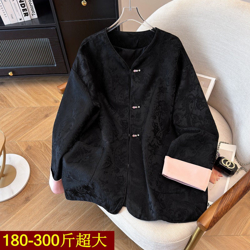 特大码新中式V领外套上衣女春秋